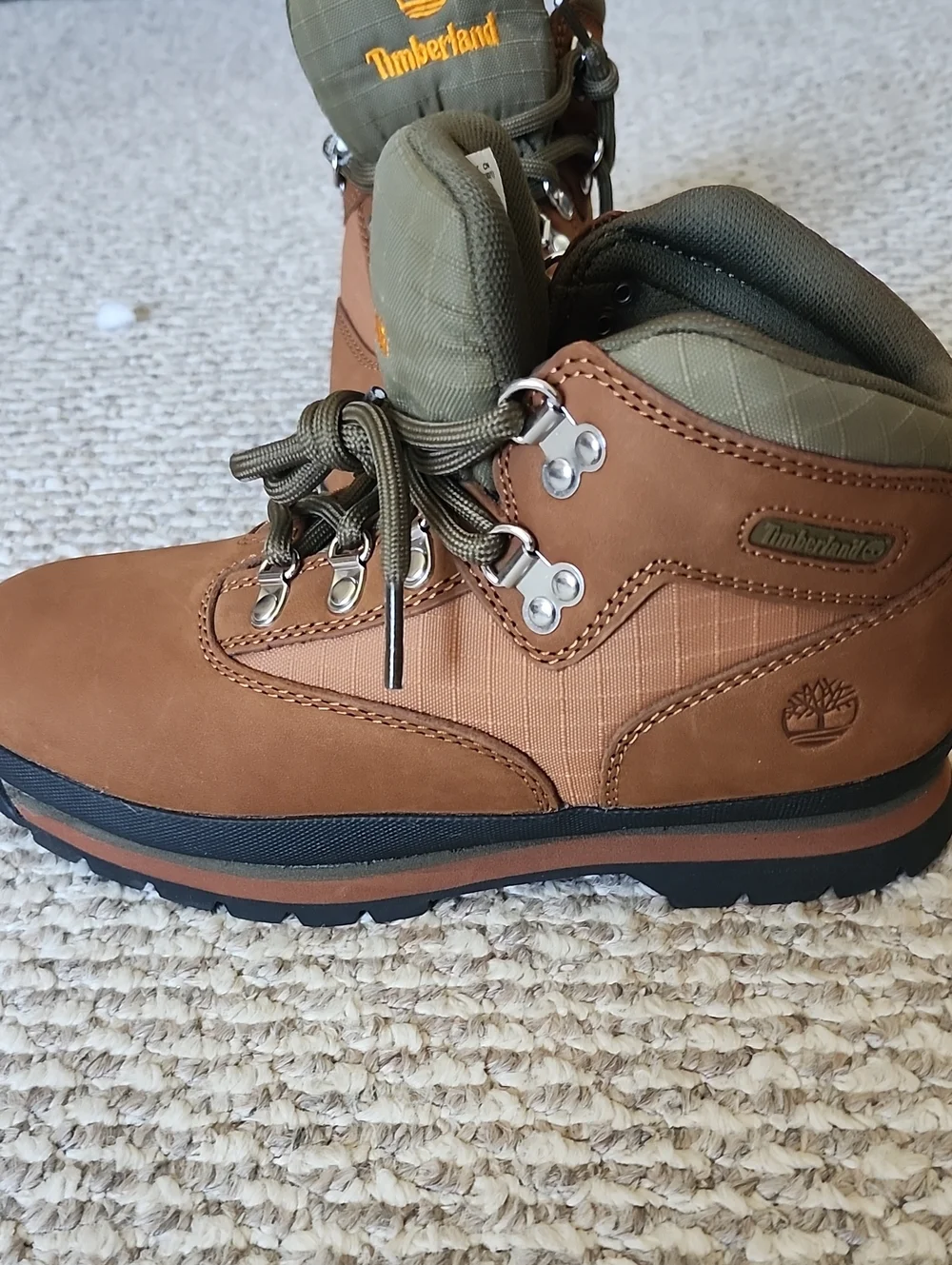 Timberland Brown Leather Boots with Olive Tongue and Yellow Logo